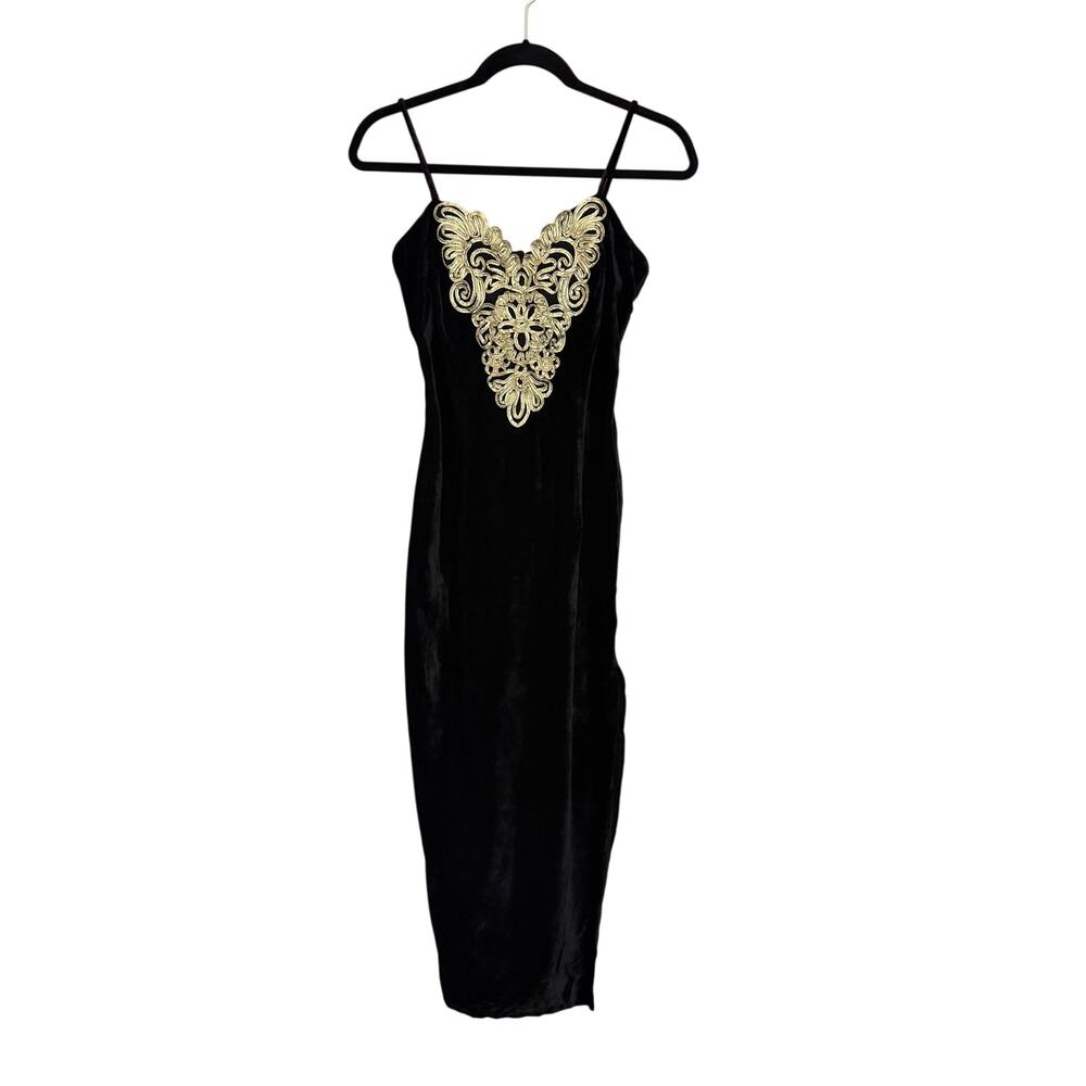 VTG Roberta Velvet Bodycon Dress 9/10 Black Gold Midi Cocktail Party Holiday USA